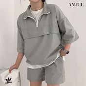 【AMIEE】率性時尚翻領運動套裝(男女款/KDA-078) 2XL 灰色