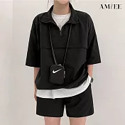 【AMIEE】率性時尚翻領運動套裝(男女款/KDA-078) 2XL 黑色