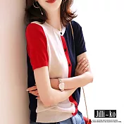 【Jilli~ko】氣質撞色薄款拼接寬鬆開扣針織衫 J10263  FREE 紅色
