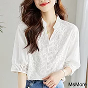 【MsMore】 短袖襯衫法式鏤空繡花白色五分袖甜美寬鬆短版上衣 # 116726 2XL 白色