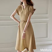 【MsMore】 時尚顯瘦氣質優雅連身裙短袖卡其小V領中長洋裝配皮帶 # 116747 L 卡其