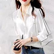 【MsMore】 線條設計韓版氣質簡約撞色七分袖百搭襯衫寬鬆短版上衣 # 116763 2XL 白色