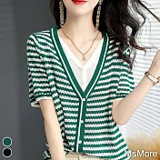 【MsMore】 橫條設計寬鬆輕薄冰絲V領假2件氣質甜美韓版短袖針織短版上衣 # 116771 FREE 綠色