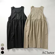 【ACheter】 V領棉麻背心連身裙甜美碎褶A字長裙森系寬鬆純色洋裝 # 116555 2XL 膚色