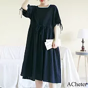 【ACheter】 韓版氣質方領花邊連身裙加大碼收腰顯瘦短袖寬鬆長版洋裝 # 116758 2XL 黑色