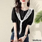 【MsMore】 爆款特賣時尚圓領蕾絲披肩短袖大碼百搭寬鬆短版上衣 # 116765 2XL 黑色