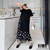 【Jilli~ko】蝴蝶結印花褶襇拼接設計連衣裙 J10266 FREE 黑色