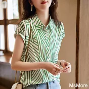 【MsMore】 時尚氣質優雅顯瘦百搭襯衫短袖減齡舒適綠紋短版上衣 # 116828 2XL 綠色