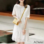 【ACheter】 白色圓領蕾絲柔棉鏤空繡花拼接褶裙短袖連身裙中長版洋裝 # 116840 XL 白色