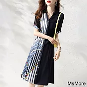 【MsMore】 時尚印花拼接V領氣質優雅連身裙顯瘦短袖長版洋裝# 116825 XL 藏青