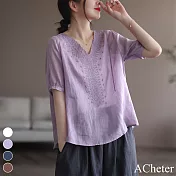 【ACheter】 原創文藝復古天絲麻感刺繡短袖棉麻寬鬆V領短版上衣 # 116834 M 紫色