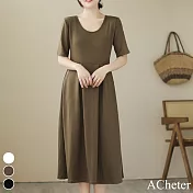 【ACheter】 韓版時尚氣質顯瘦A字長裙短袖圓領連身裙洋裝# 116864 M 軍綠