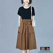 【Jilli~ko】假兩件拼接時尚氣質長裙連衣裙 J10335  FREE 咖啡色