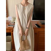【ACheter】 韓版極簡主義圓領皺褶寬鬆休閒無袖背心連身長裙棉麻洋裝# 116853 FREE 杏色