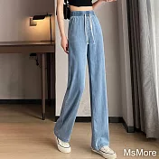 【MsMore】 天絲感牛仔窄版闊腿褲夏季薄款高腰顯瘦寬鬆冰絲直筒拖地長褲# 116923 S 款2