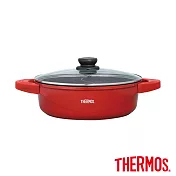 【THERMOS膳魔師】巧易不沾鍋雙耳附蓋壓鑄鴛鴦火鍋28cm 豐饒紅(TFP-P28-RED)