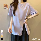 【MsMore】 寬鬆開叉短袖T恤圓領別致中長顯瘦棉上衣 # 116881 XL 紫色