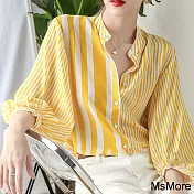【MsMore】 絲質條紋襯衫氣質立領七分袖寬鬆短版百搭上衣# 116986 M 黃色