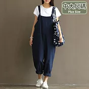 【慢。生活】復古文藝棉麻寬鬆休閒洗水背帶褲 796  FREE 深藍色