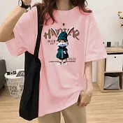 【MsMore】 時尚英格騎士兔印花棉大碼圓領短袖T恤短版# 116455 L 粉紅色