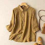 【ACheter】 刺繡寬鬆蘆麻襯衫文藝復古寬鬆休閒鹽系七分袖短版上衣# 117165 3XL 黃色