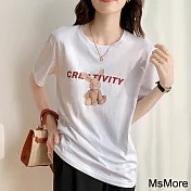 【MsMore】 純棉大碼圓領夏裝卡通印花短袖短版寬鬆T恤上衣# 117259 M 白色