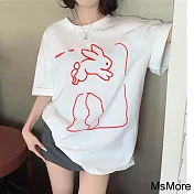 【MsMore】 財運兔純棉大碼圓領短袖短版寬鬆T恤上衣# 117267 4XL 白色