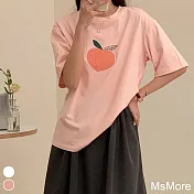 【MsMore】 蜜桃印花圓領純棉大碼短袖T恤短版上衣# 117268 L 粉紅色