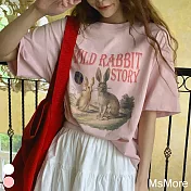 【MsMore】 寫真兔印花圓領短袖純棉大碼寬鬆短袖T恤短版上衣# 117271 M 粉紅色