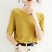 【MsMore】 一字肩上衣溫柔風五分袖設計感寬鬆冰絲針織衫短版上衣# 117293 FREE 黃色