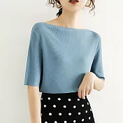 【MsMore】 一字肩上衣溫柔風五分袖設計感寬鬆冰絲針織衫短版上衣# 117293 FREE 藍色