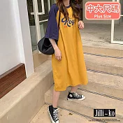 【Jilli~ko】撞色連袖英文圖案休閒連衣裙 J10357  FREE 黃色