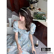 【Jilli~ko】法式碎花泡泡袖方領開衩連衣裙 J10602  FREE 藍色