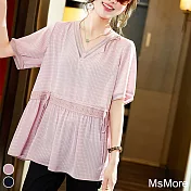 【MsMore】 V領褶皺收腰格子短袖寬鬆大碼涼涼短版上衣# 117190 M 粉紅色