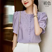 【初色】短袖鏤空刺繡花邊圓領素色襯衫上衣-共2色-68004(M-2XL可選) M 紫色