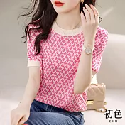 【初色】撞色圓領十字花紋短袖針織T恤上衣-粉紅色-68000(M/L可選) M 粉紅色