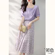 【初色】簡約百搭短袖襯衫上衣+印花下著裙子兩件套裝-紫色-67987(M-2XL可選) L 紫色