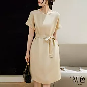 【初色】輕奢圓領綁帶純色連衣裙短袖連身洋裝-共2色-67891(M-XL可選) M 香檳色
