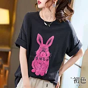 【初色】寬鬆休閒大碼字母兔子印花短袖圓領T恤上衣-共2色-68071(M-2XL可選) M 黑色