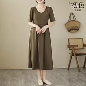【初色】簡約風短袖純色拼接針織顯瘦中長裙連身裙洋裝-共3色-68149(F可選) F 軍綠色