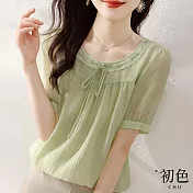 【初色】短袖素色薄款拼接圓領雪紡襯衫上衣-綠色-68114(M-2XL可選) M 綠色