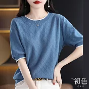 【初色】休閒拼接圓領寬鬆顯瘦針織衫短袖上衣-共4色-68079(F可選) F 冰藍色