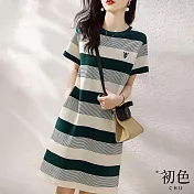 【初色】圓領撞色條紋拼接動物LOGO短袖休閒連身裙洋裝-綠色-67860(M-2XL可選) M 綠色