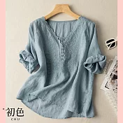 【初色】休閒棉麻風造型襯衫上衣-共8款/組-61572(M-2XL可選) M E.藍色