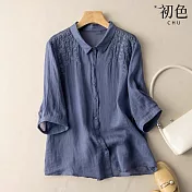【初色】休閒棉麻風造型襯衫上衣-共8款/組-61572(M-2XL可選) M G.藍色