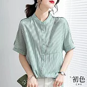【初色】棉麻風寬鬆條紋立領短袖襯衫上衣-綠色-67597(M-2XL可選) L 綠色