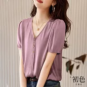 【初色】休閒素色V領寬鬆顯瘦短袖T恤上衣-紫色-67973(M-2XL可選) L 紫色
