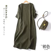 【初色】復古純色V領寬鬆直筒連身洋裝-亞麻綠-67320(M-2XL可選) 2XL 亞麻綠