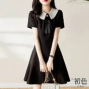 【初色】娃娃領蝴蝶結拼接收腰魚尾連身裙洋裝-共2色-67672(M-2XL可選) 2XL 黑色