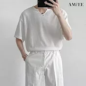 【AMIEE】慵懶風華夫格純色短袖長袖T恤(男裝/KDTY-T107S短袖/KDTY-T107M長袖) S 白色短袖